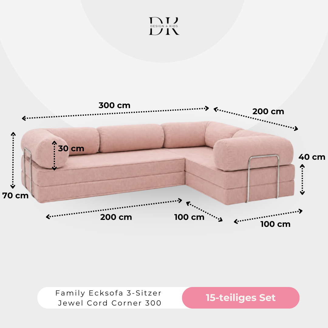 Design4Kids Family Ecksofa 3-Sitzer Jewel Cord Corner 300