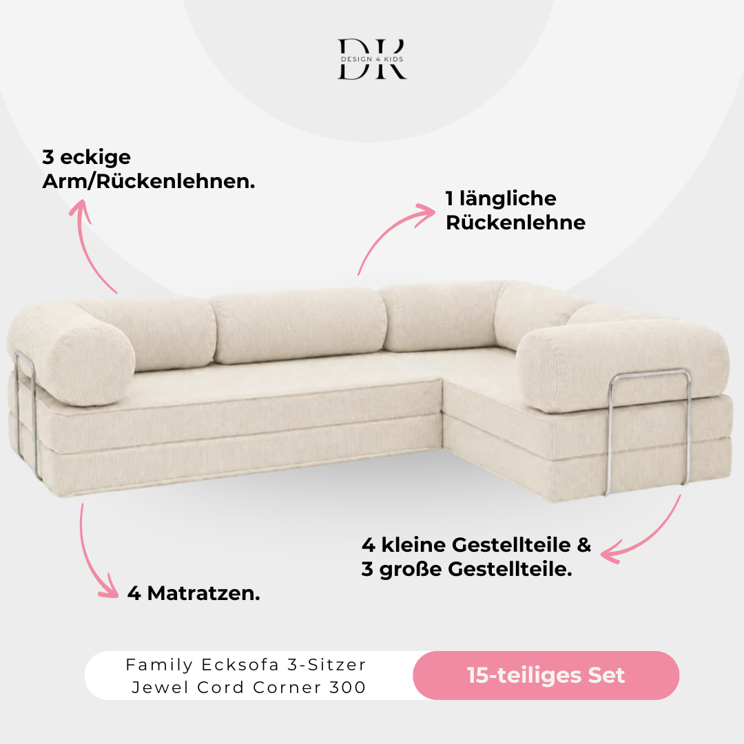 Design4Kids Family Ecksofa 3-Sitzer Jewel Cord Corner 300