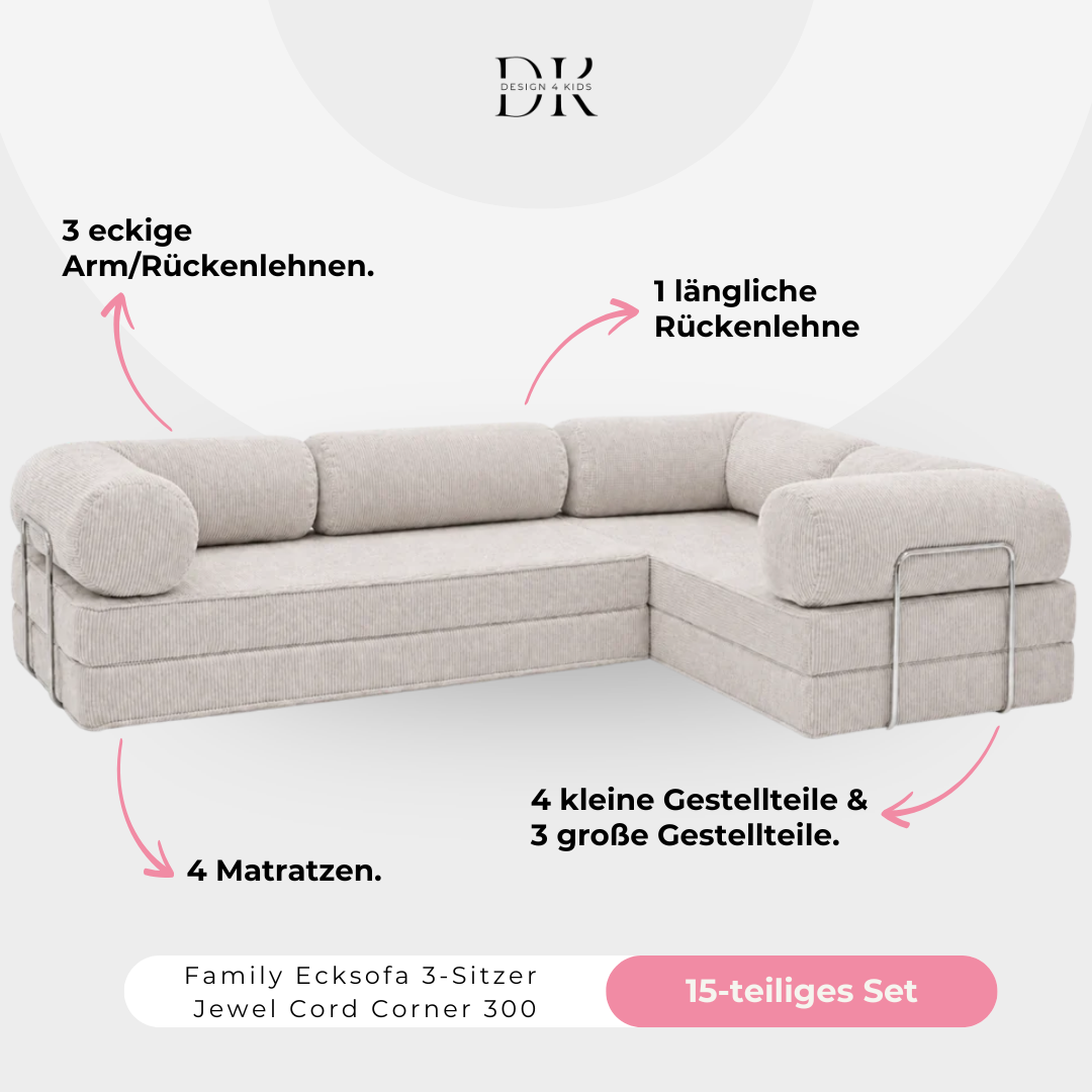 Design4Kids Family Ecksofa 3-Sitzer Jewel Cord Corner 300