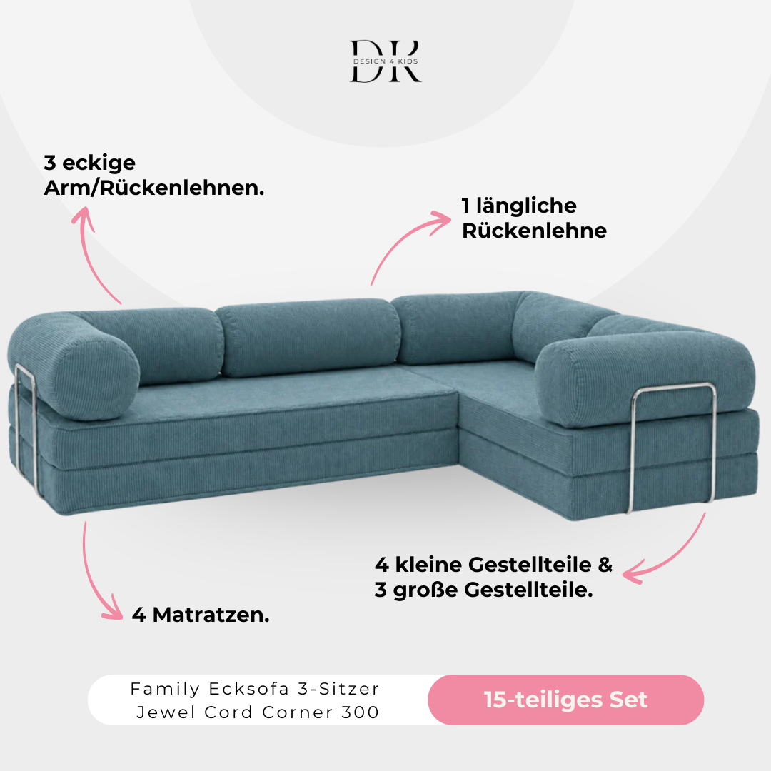 Design4Kids Family Ecksofa 3-Sitzer Jewel Cord Corner 300