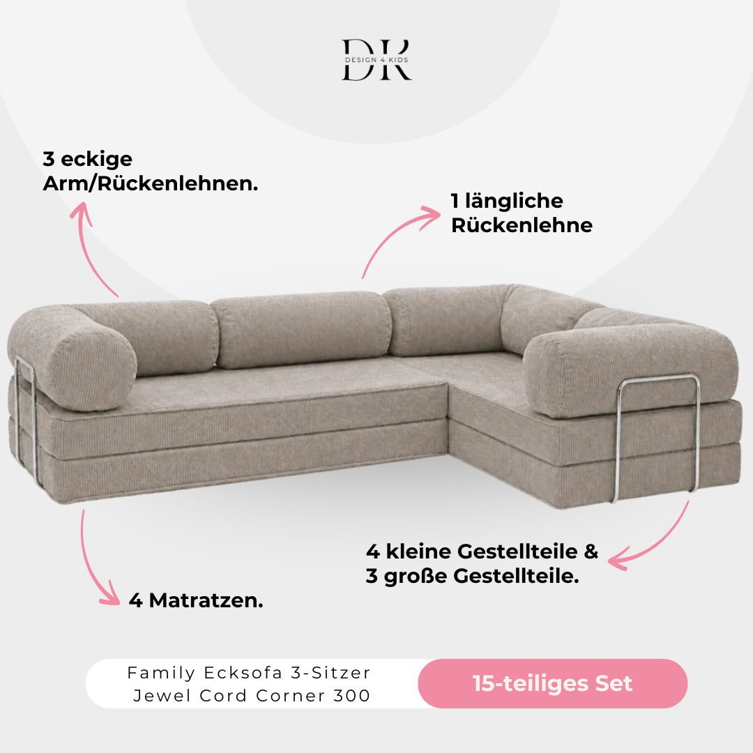 Design4Kids Family Ecksofa 3-Sitzer Jewel Cord Corner 300