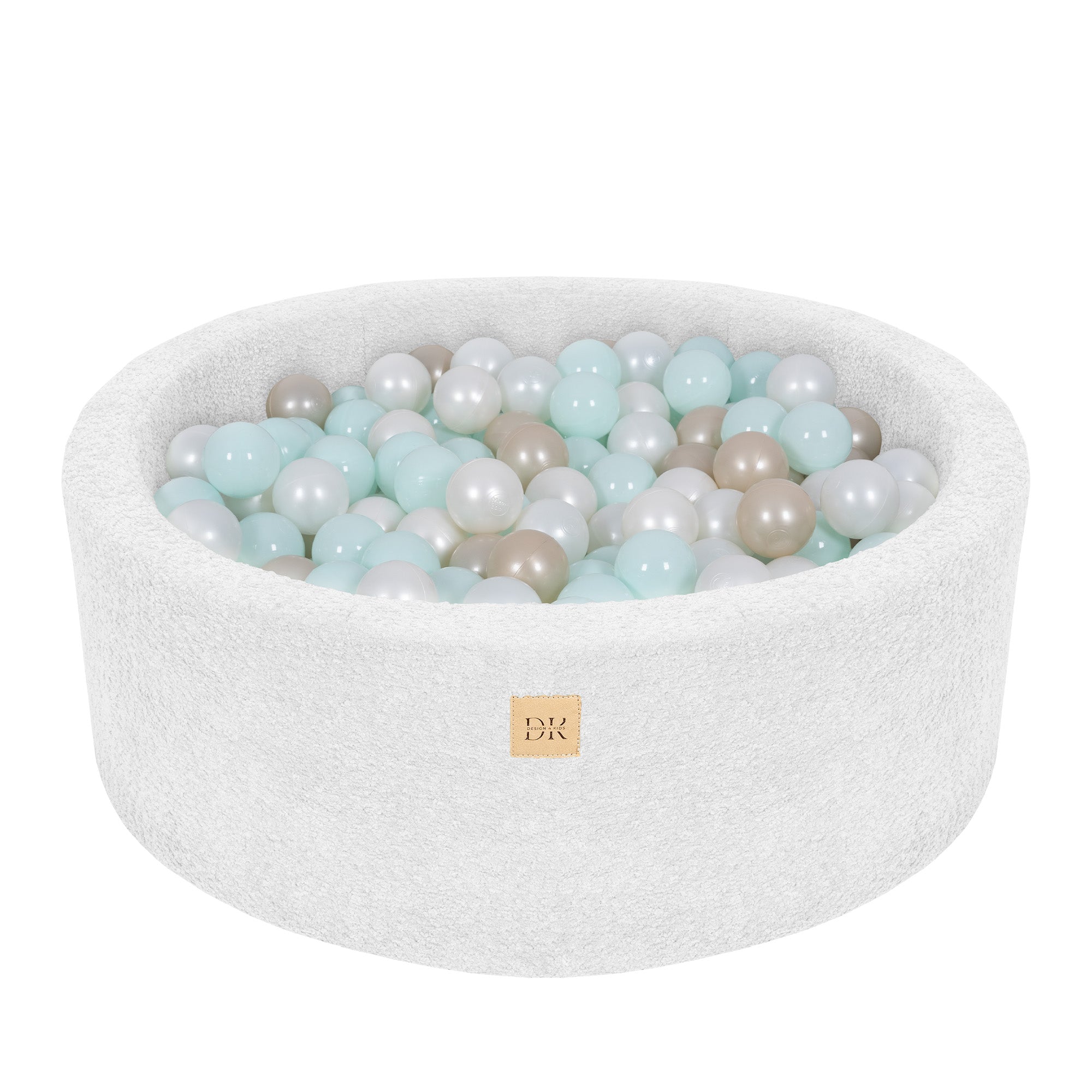 Design4Kids Bällebad Lumi 90x30cm Bouclé cloudy, 200 Bällen - pearl, mintpearl, gold
