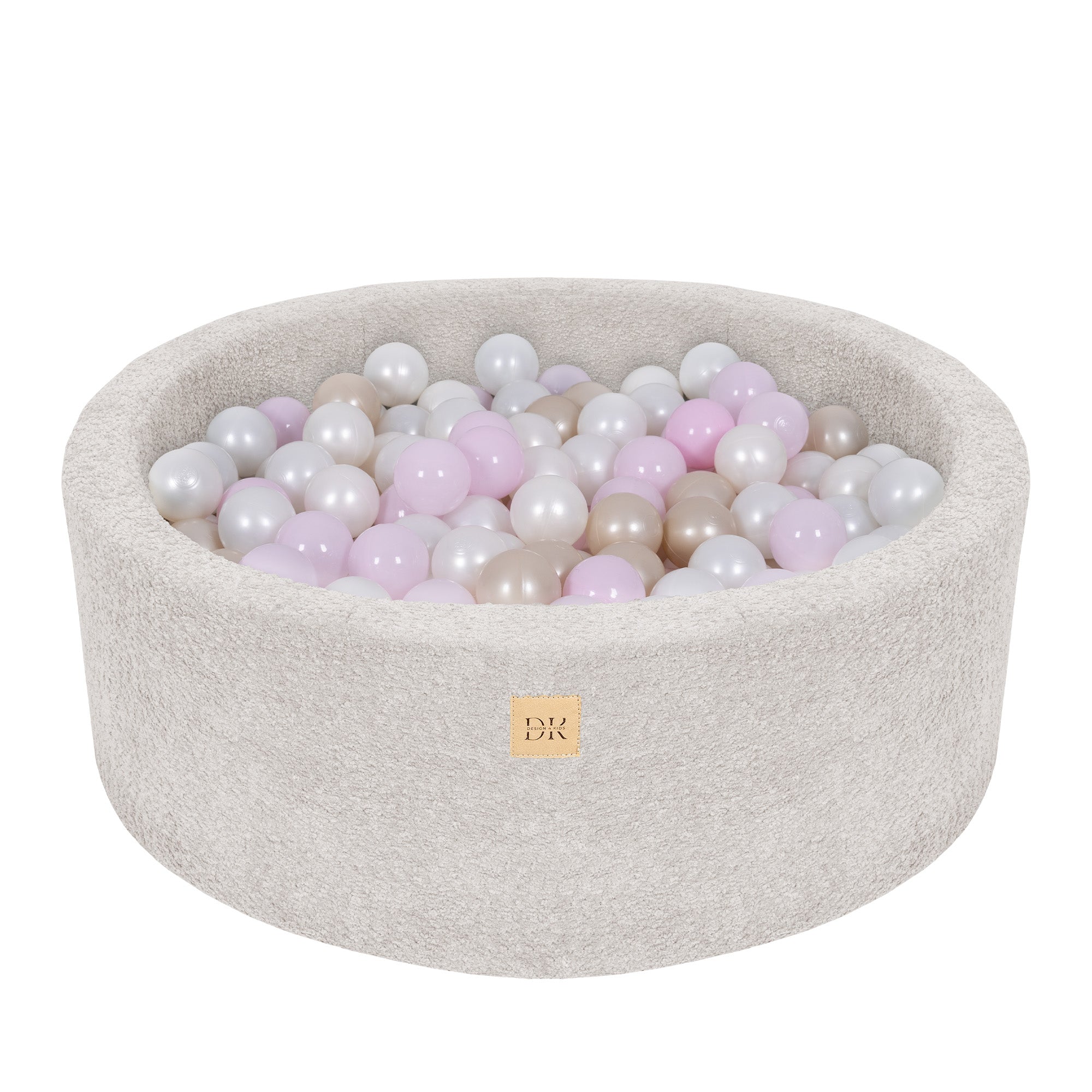 Design4Kids Bällebad Lumi 90x30cm Bouclé vintage beige, 200 Bällen - pearl, hellpinkpearl, gold