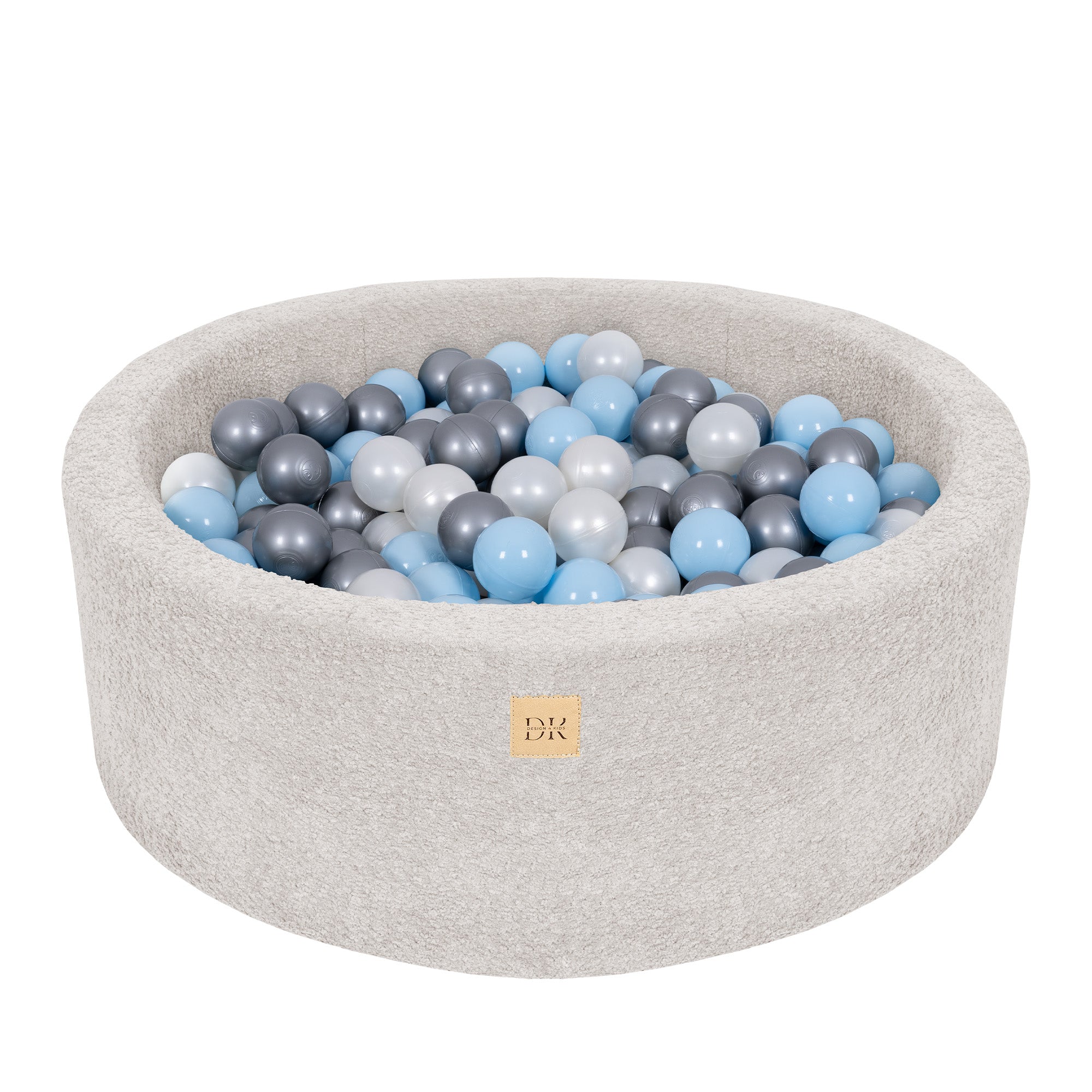 Design4Kids Bällebad Lumi 90x30cm Bouclé vintage beige, 200 Bällen - pearl, silber, babyblau
