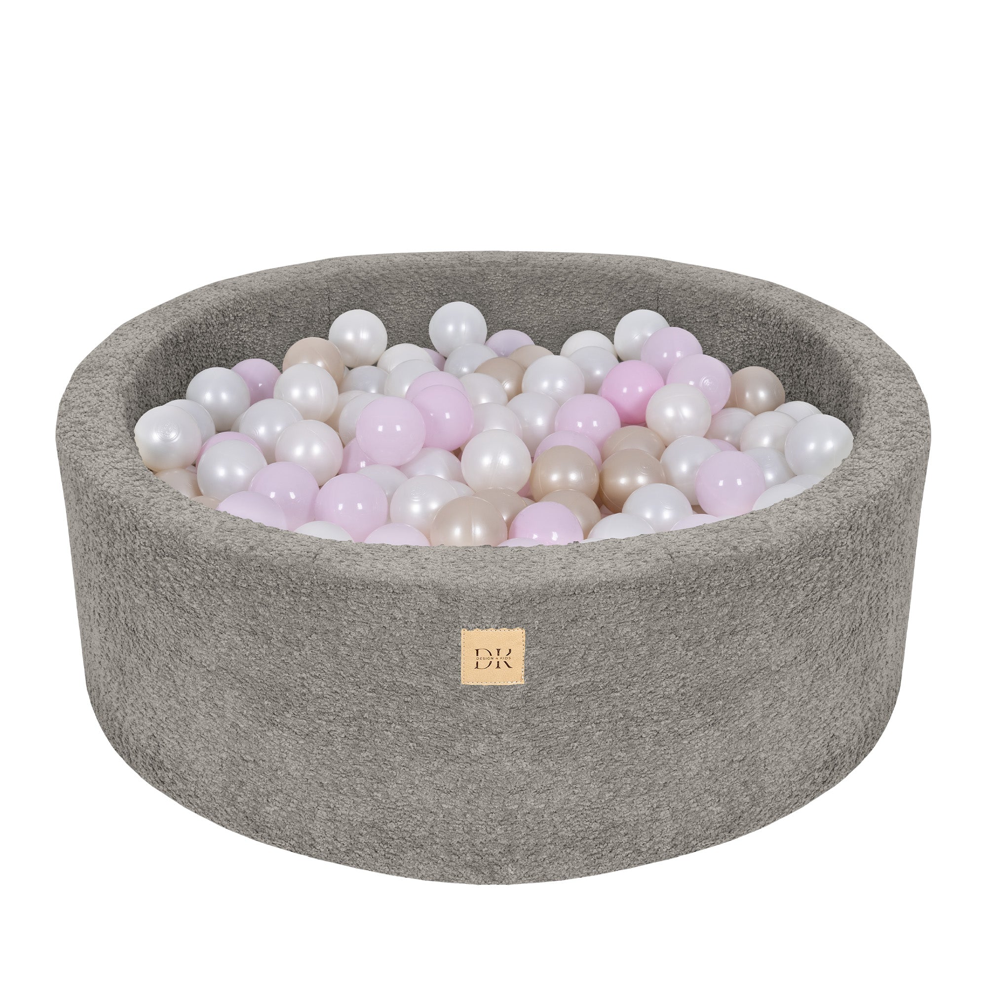Design4Kids Bällebad Lumi 90x30cm Bouclé hazelnut, 200 Bällen - pearl, hellpinkpearl, gold