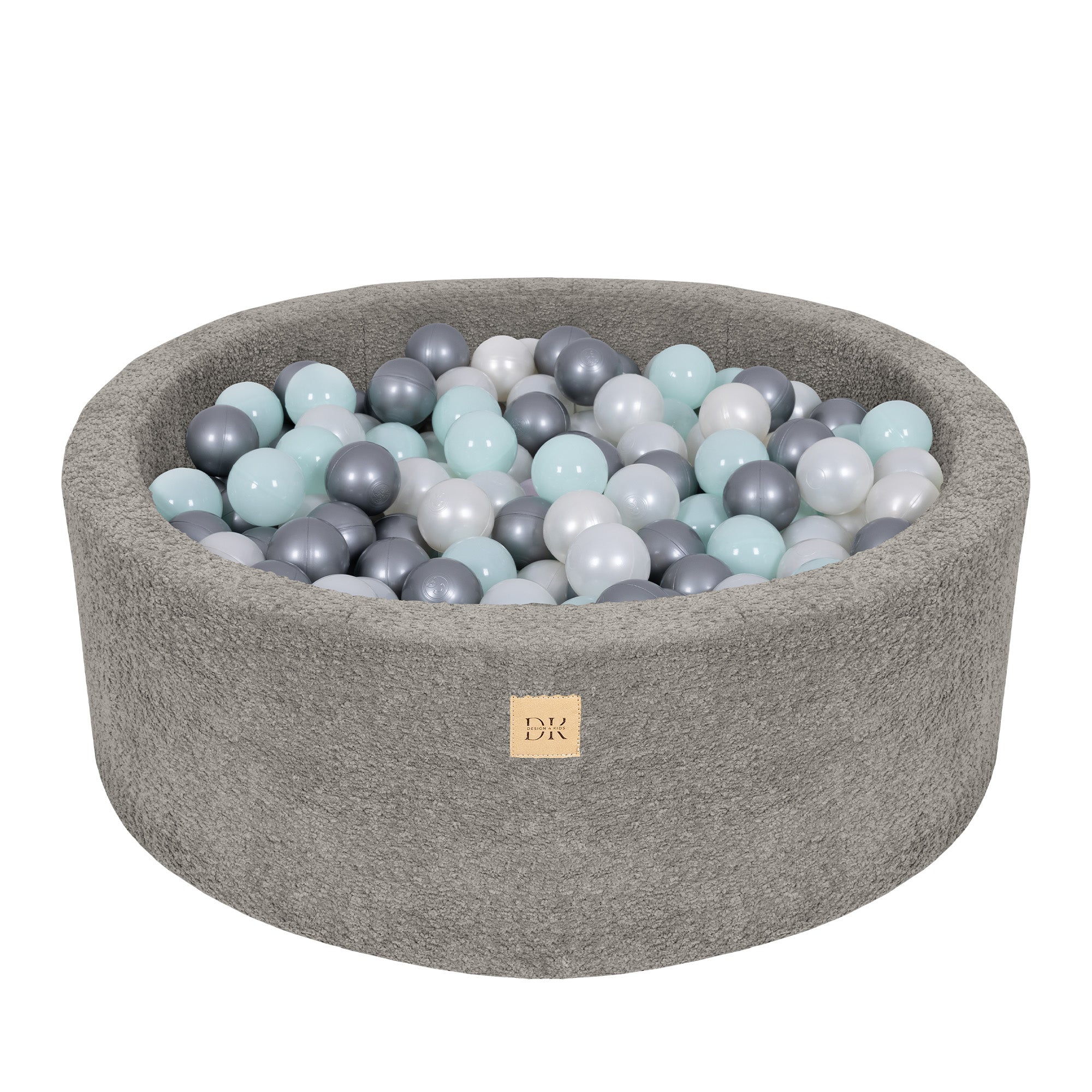 Design4Kids Bällebad Lumi 90x30cm Bouclé hazelnut taupe, 200 Bällen - weiß, mintpearl, silber