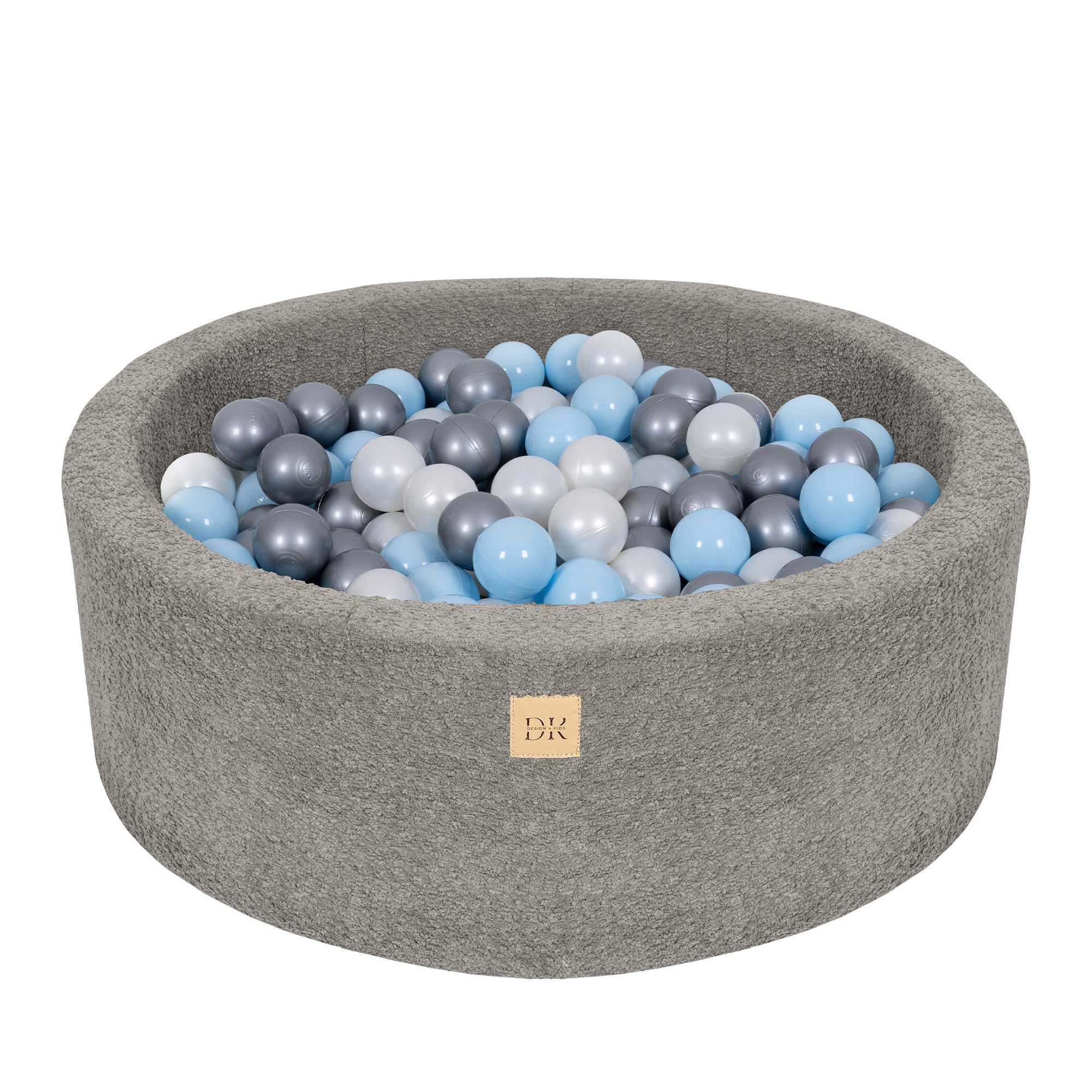 Design4Kids Bällebad Lumi 90x30cm Bouclé hazelnut taupe, 200 Bällen - pearl, silber, babyblau