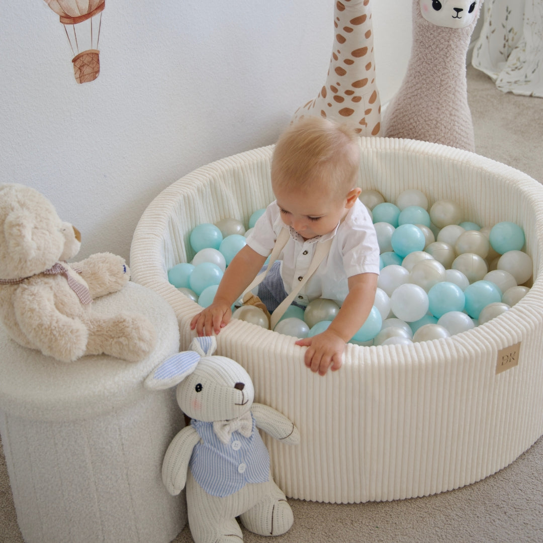 Design4Kids Bällebad Jewel 90x30cm Cord almond beige mit 200 Bällen - pearl, mintpearl, gold