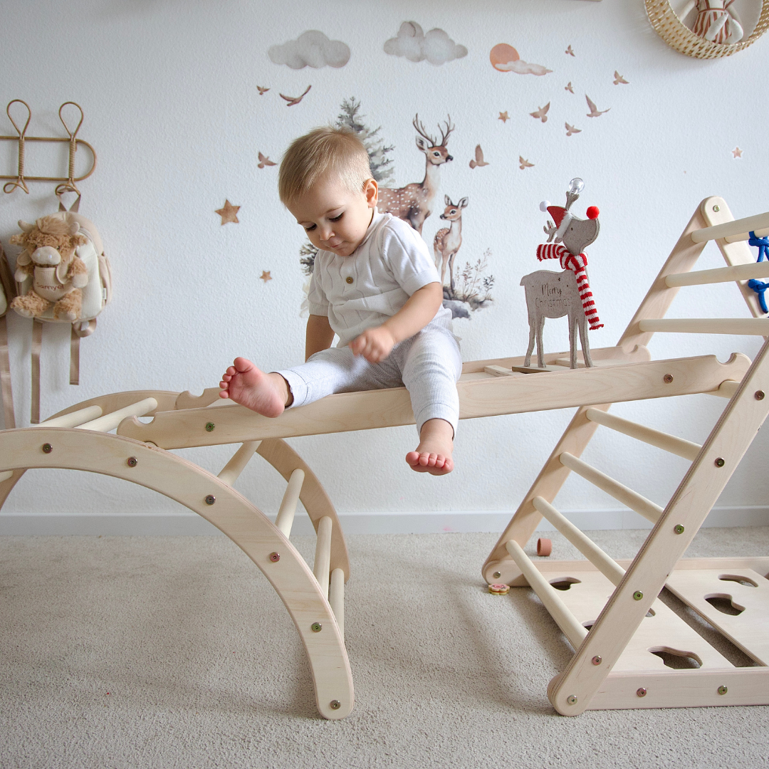 Design4Kids Montessori Kletterset Katta - dreiseitiges Kletterdreieck mit Nylonseil, Rutsche und Kletterbogen