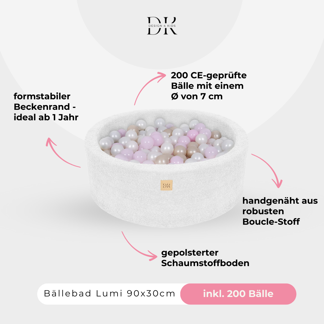 Design4Kids Bällebad Lumi 90x30cm Bouclé, 200 Bälle - eigene Farbauswahl