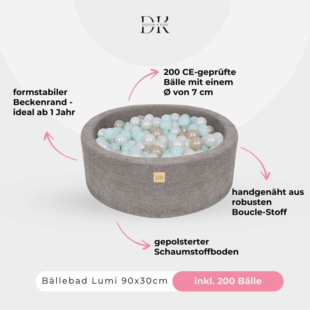 Design4Kids Bällebad Lumi 90x30cm Bouclé, 200 Bälle - eigene Farbauswahl