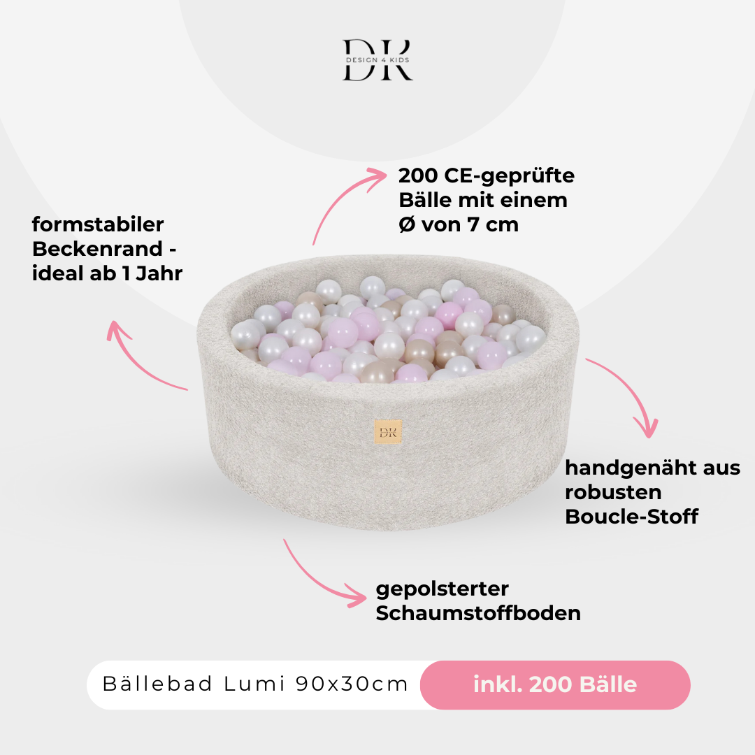Design4Kids Bällebad Lumi 90x30cm Bouclé, 200 Bälle - eigene Farbauswahl