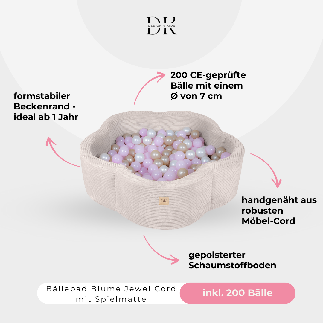 Design4Kids Bällebad Blume Jewel Cord mit Spielmatte, 200 Bälle - eigene Farbauswahl