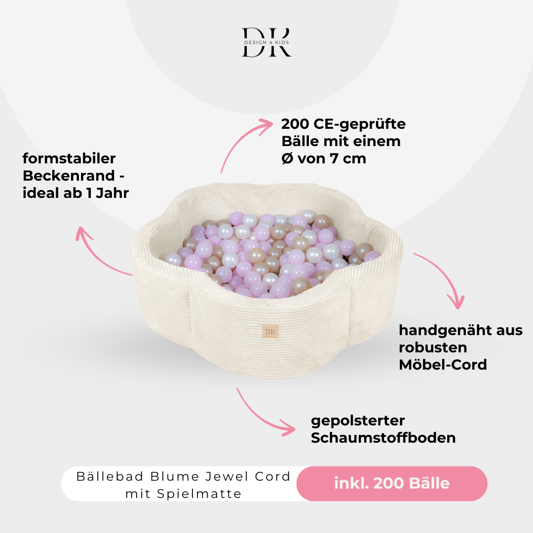 Design4Kids Bällebad Blume Jewel Cord mit Spielmatte, 200 Bälle - eigene Farbauswahl