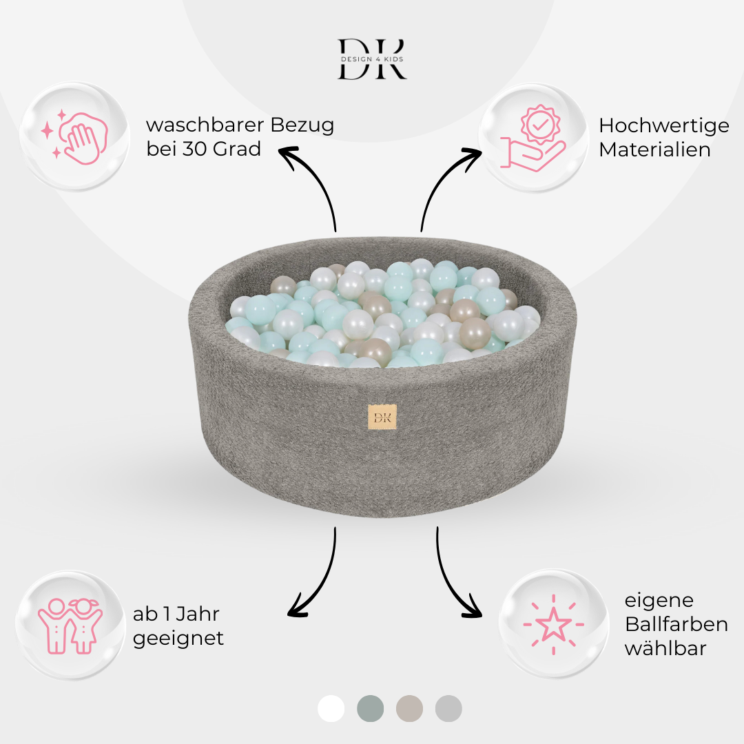 Design4Kids Bällebad Lumi 90x30cm Bouclé, 200 Bälle - eigene Farbauswahl