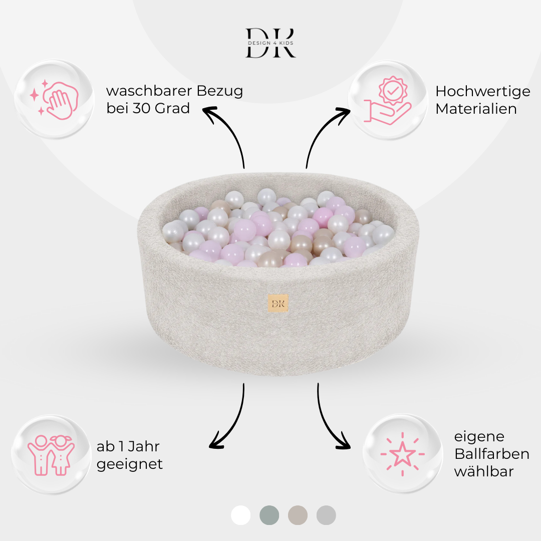 Design4Kids Bällebad Lumi 90x30cm Bouclé, 200 Bälle - eigene Farbauswahl