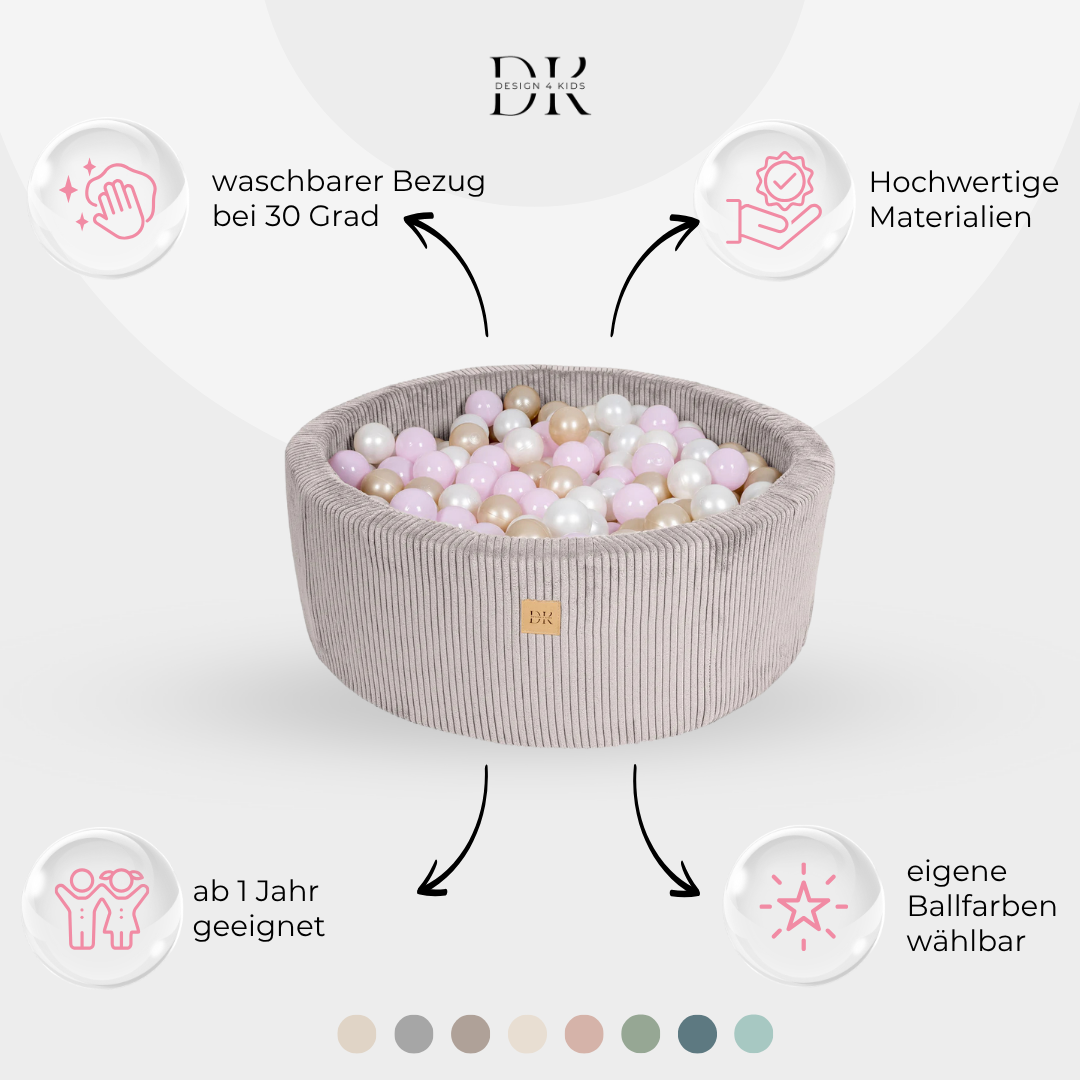 Design4Kids Bällebad Jewel 90x30cm Cord, 200 Bälle - eigene Farbauswahl