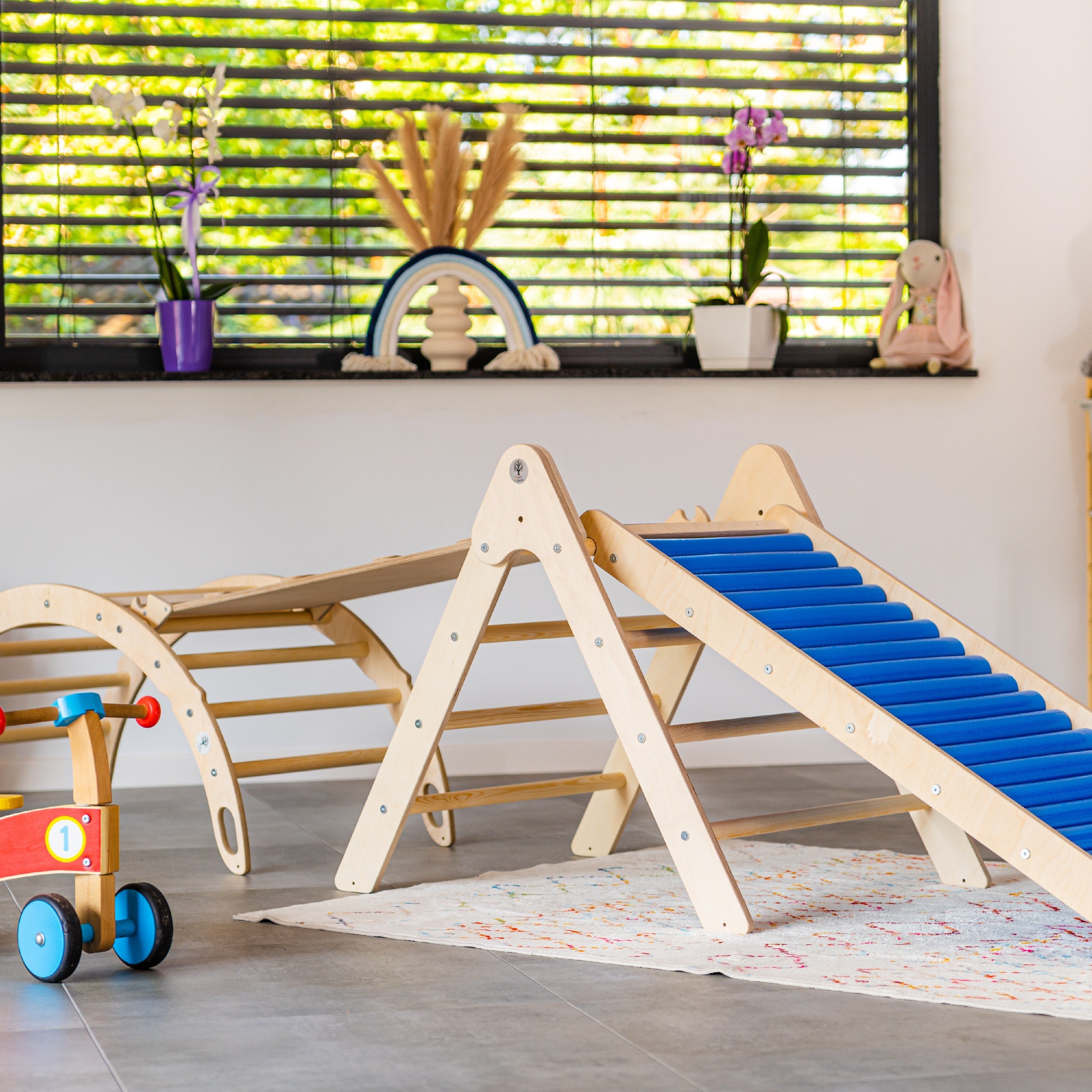 Design4Kids 4-in-1 Montessori Kletterset M - Kletterdreieck, Wippe, Klettersteig & Rollenrutsche