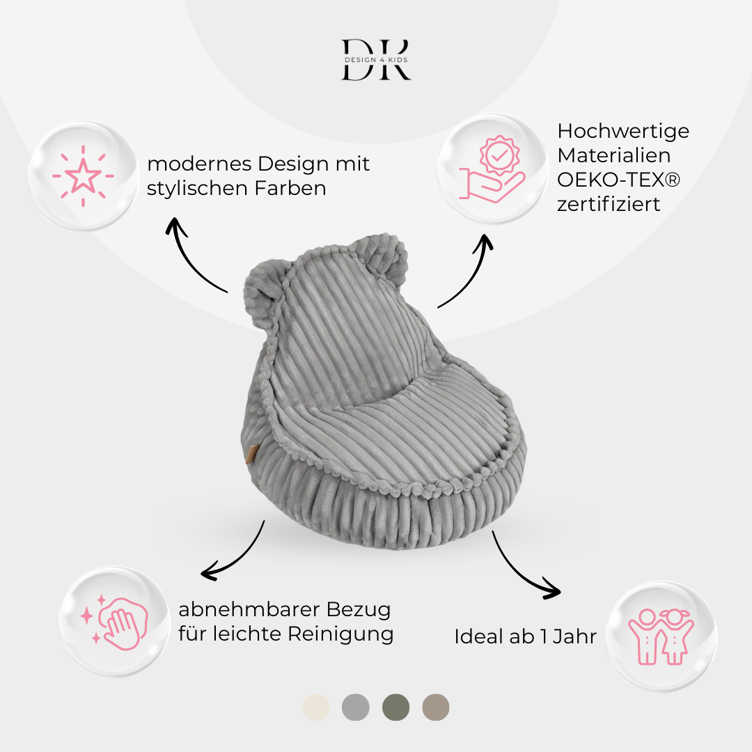 Design4Kids Kinder-Sitzsack Jewel Plüsch-Cord im Bär-Design