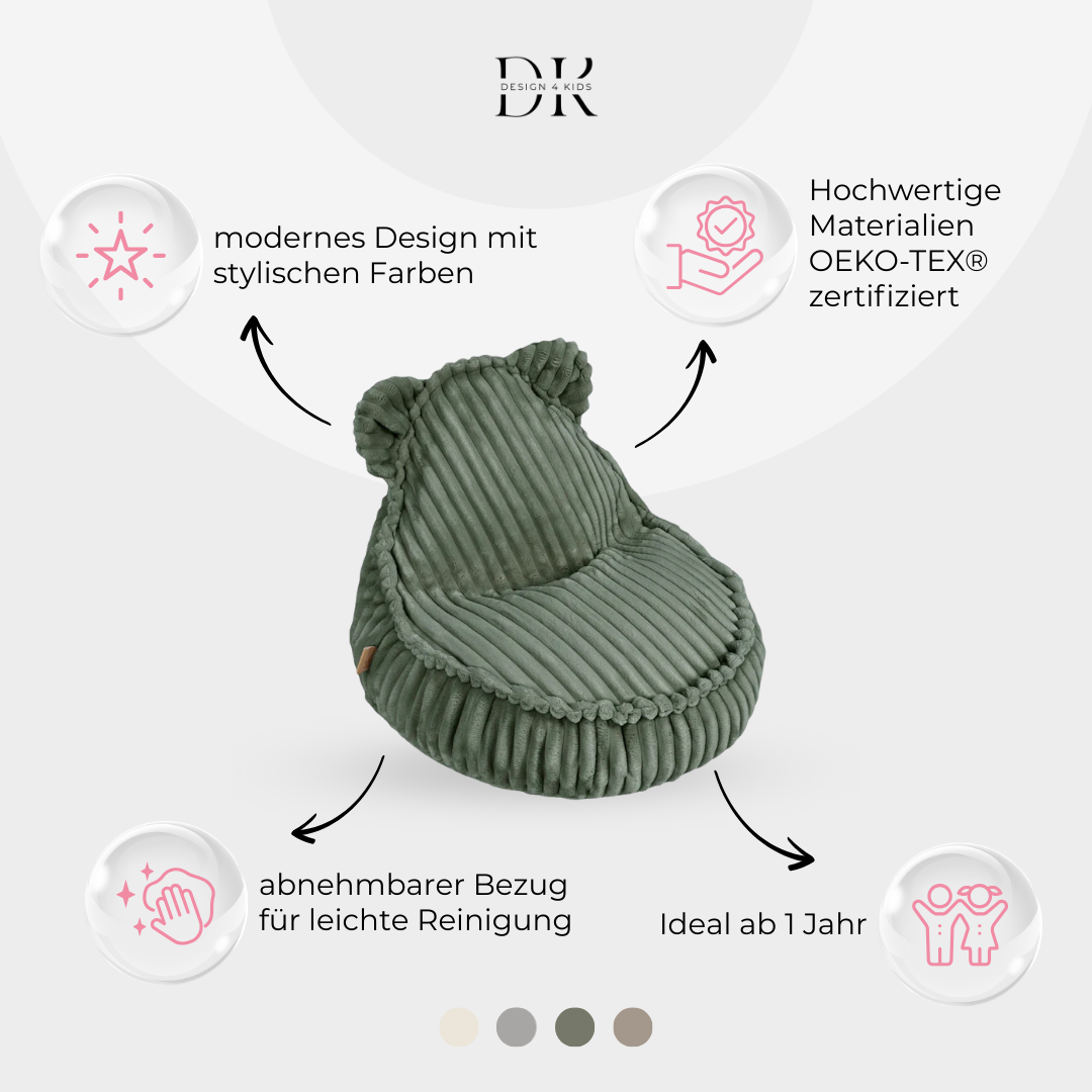 Design4Kids Kinder-Sitzsack Jewel Plüsch-Cord im Bär-Design