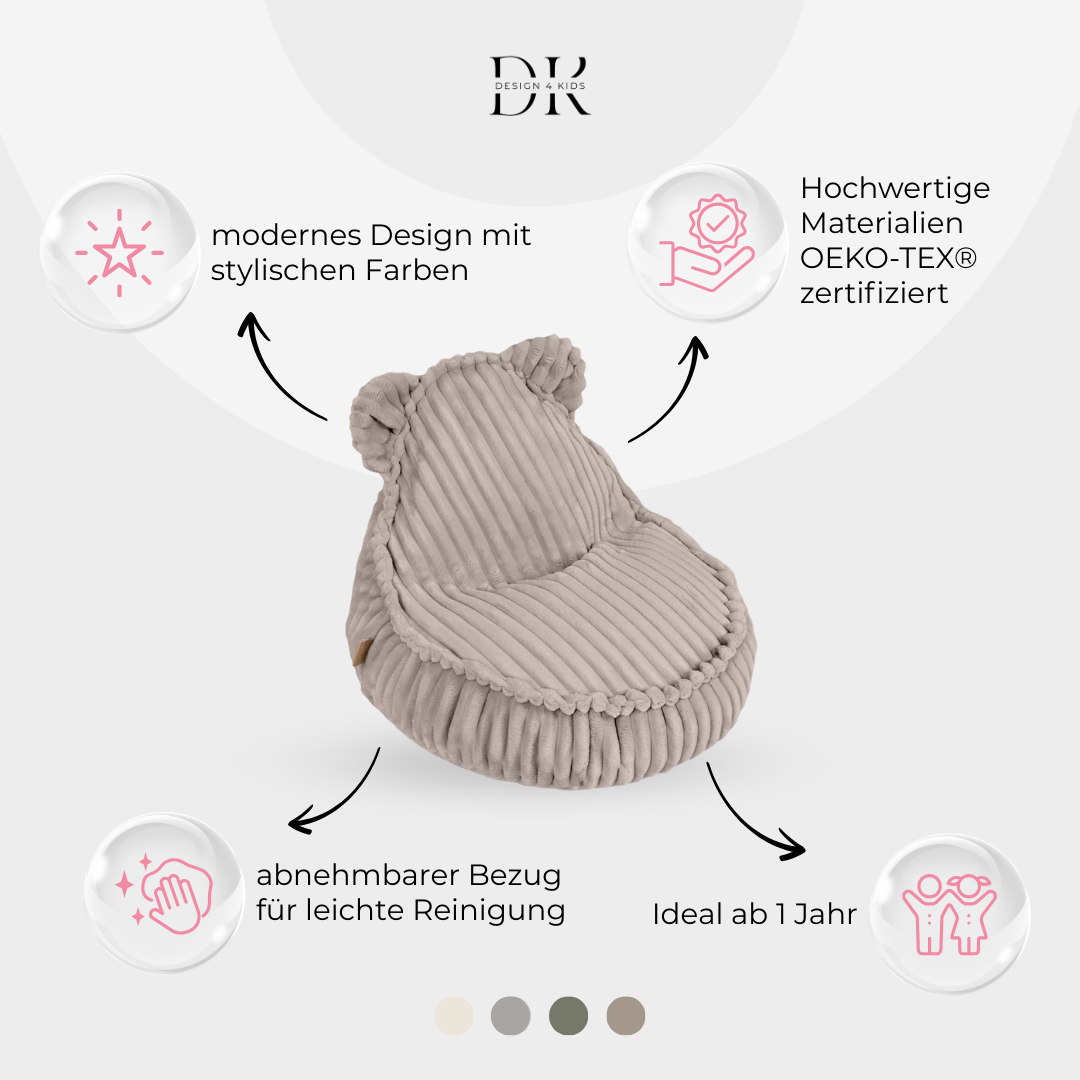 Design4Kids Kinder-Sitzsack Jewel Plüsch-Cord im Bär-Design