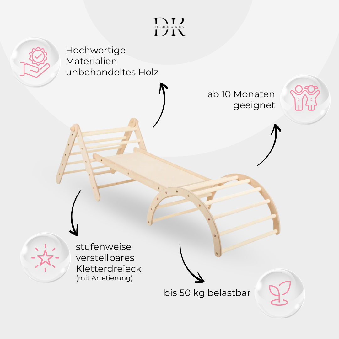 Design4Kids Montessori Kletterset Galagos - Pikler Kletterdreieck mit Rutsche und Kletterbogen