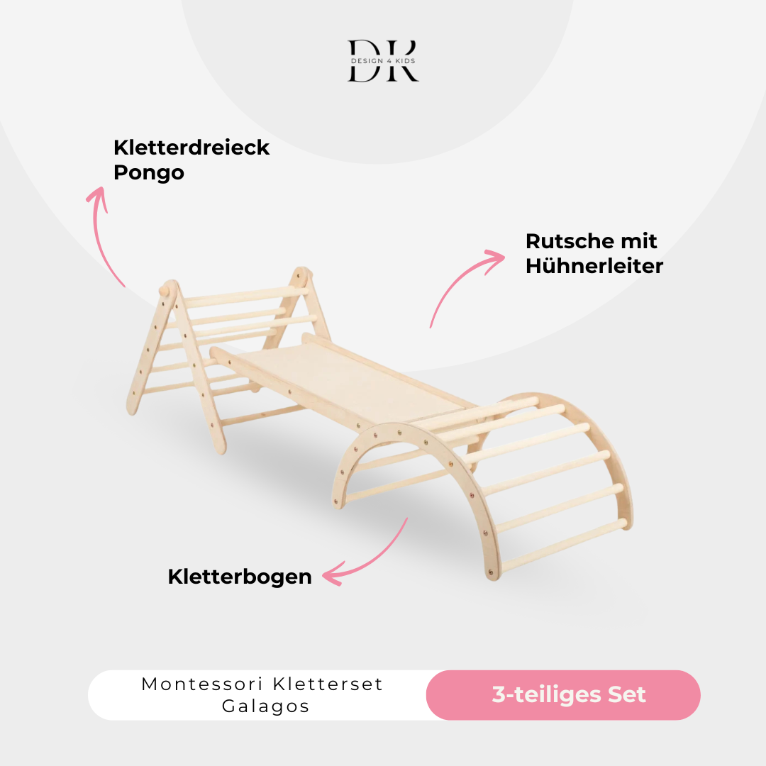 Design4Kids Montessori Kletterset Galagos - Pikler Kletterdreieck mit Rutsche und Kletterbogen