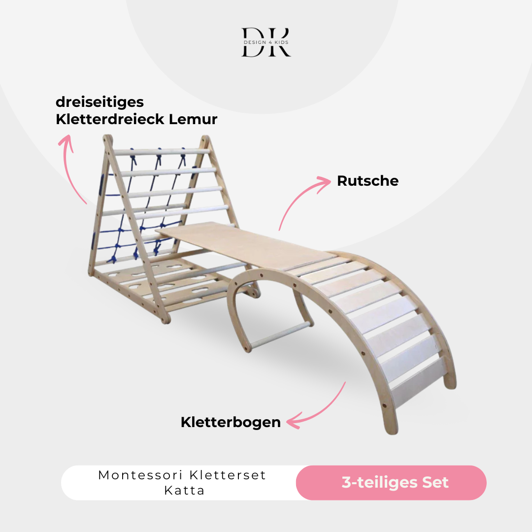 Design4Kids Montessori Kletterset Indri - dreiseitiges Kletterdreieck mit Nylonseil, Rutsche und Wippe