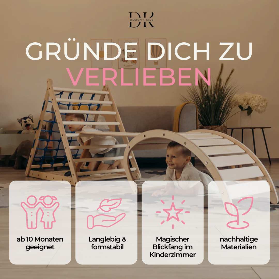 Design4Kids Montessori Kletterset Indri - dreiseitiges Kletterdreieck mit Nylonseil, Rutsche und Wippe