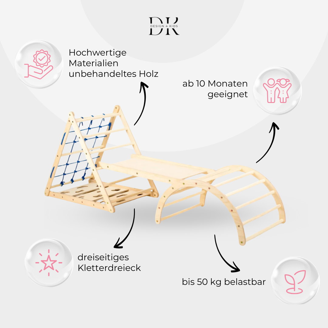 Design4Kids Montessori Kletterset Katta - dreiseitiges Kletterdreieck mit Nylonseil, Rutsche und Kletterbogen