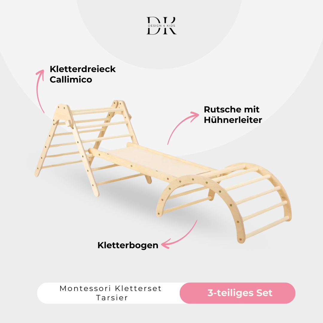 Design4Kids Montessori Kletterset Tarsier - Pikler-Kletterdreieck mit Rutsche und Kletterbogen