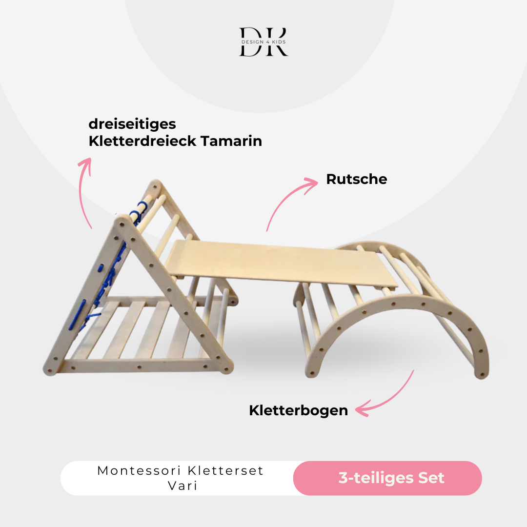 Design4Kids Montessori Kletterset Vari - dreiseitiges Kletterdreieck mit Nylonseil, Rutsche und Kletterbogen
