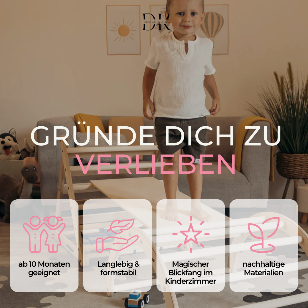 Design4Kids Montessori Kletterset Vari - dreiseitiges Kletterdreieck mit Nylonseil, Rutsche und Kletterbogen