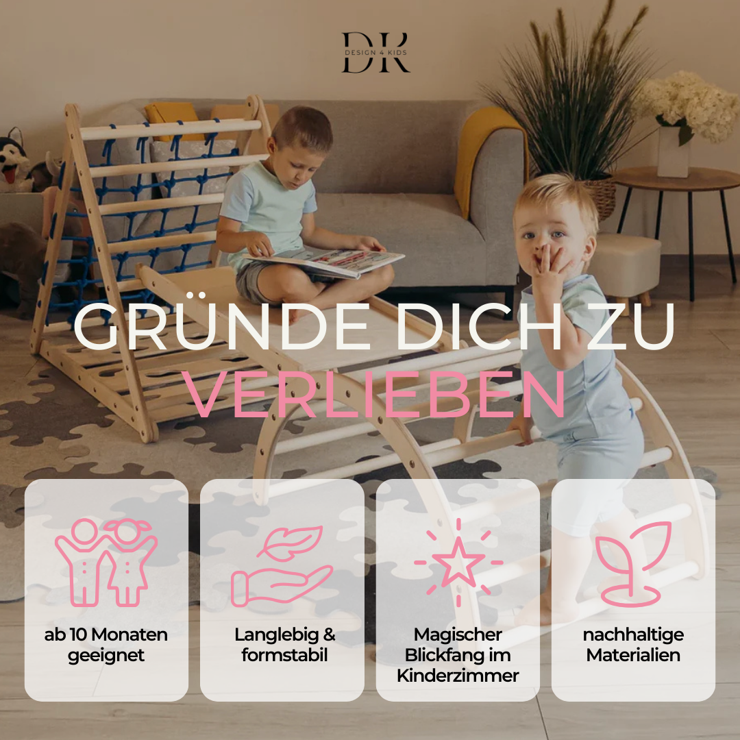 Design4Kids Montessori Kletterset Katta - dreiseitiges Kletterdreieck mit Nylonseil, Rutsche und Kletterbogen